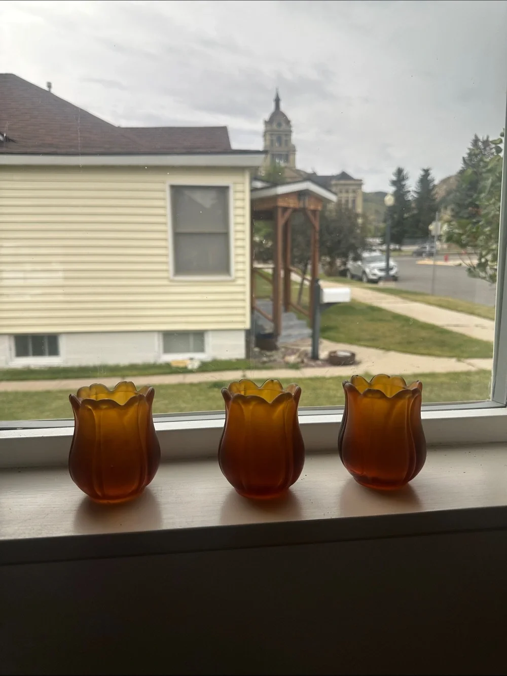 Vintage Faroy Amber Glass Tulip Votive Candle Holdets - Set of 3